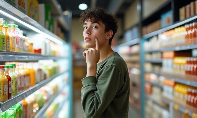 Persona confundida mirando diferentes productos dietéticos