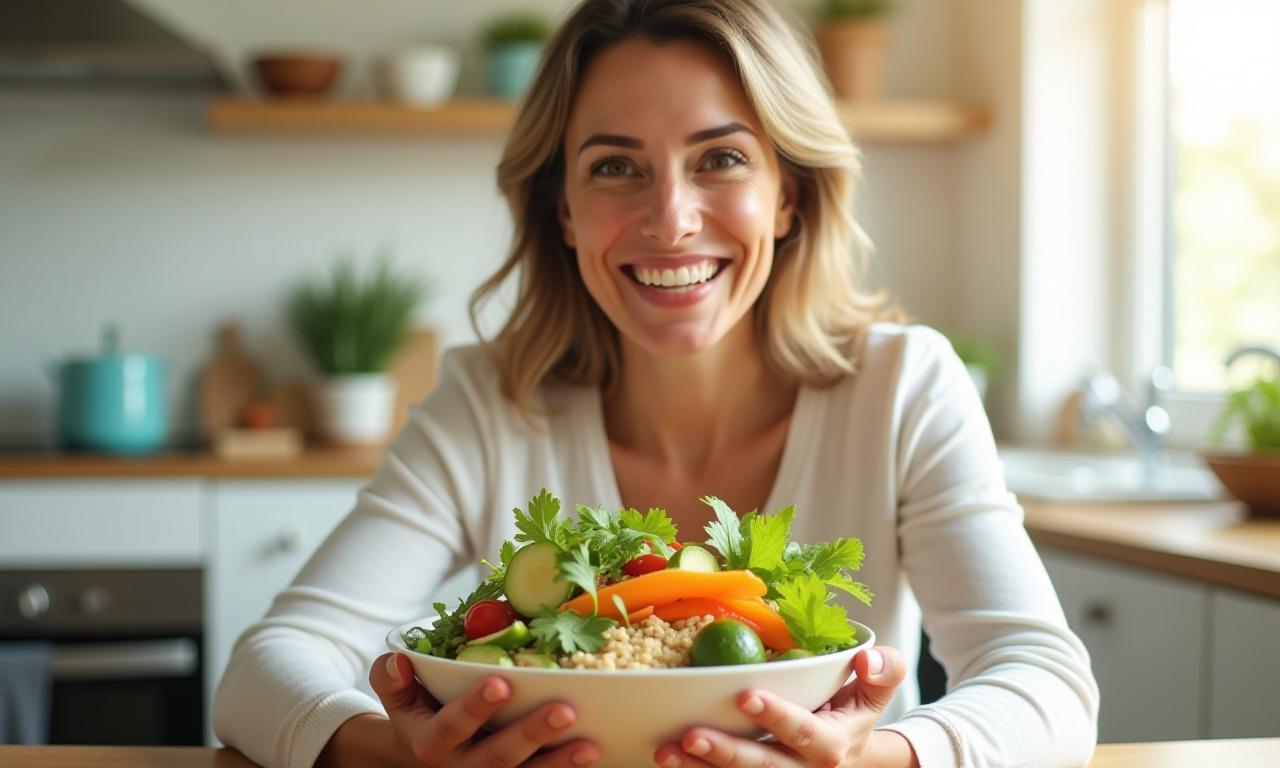 Mujer sonriente disfrutando de un bowl de comida fresca y saludable